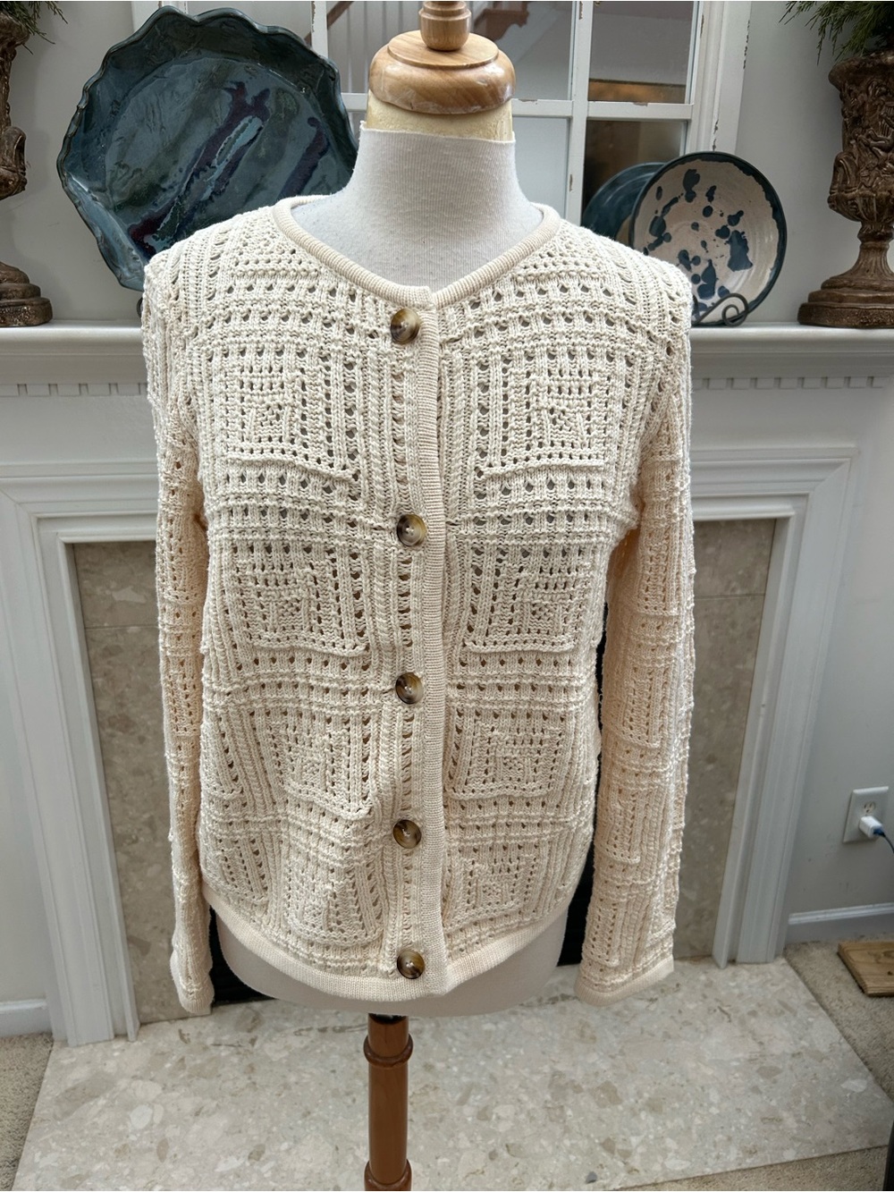 Magaschoni Cream Open-Weave Crochet look Button-Front Cardigan